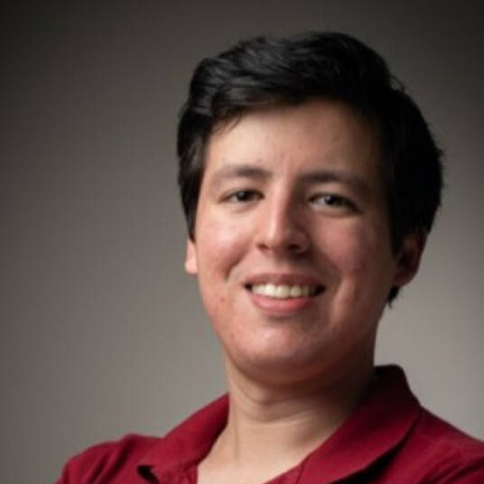 Portrait of a Luis with short dark hair, smiling and wearing a red collared shirt, set against a neutral background.